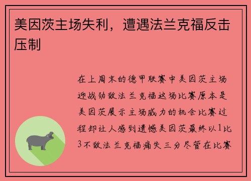 美因茨主场失利，遭遇法兰克福反击压制