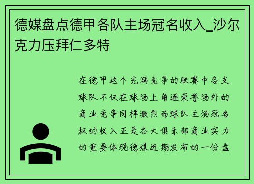 德媒盘点德甲各队主场冠名收入_沙尔克力压拜仁多特