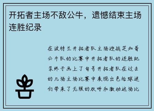 开拓者主场不敌公牛，遗憾结束主场连胜纪录
