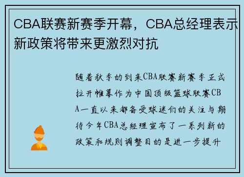 CBA联赛新赛季开幕，CBA总经理表示新政策将带来更激烈对抗